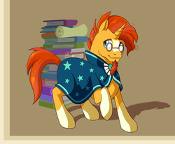 Size: 1700x1400 | Tagged: safe, artist:taledemon, sunburst, pony, unicorn, g4, book, cape, clothes, glasses, looking at you, male, scroll, simple background, solo, stallion