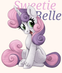 Size: 780x921 | Tagged: safe, artist:dreamline dash, artist:lantoor, artist:rose-in-the-night-team, sweetie belle, pony, unicorn, g4, collaboration, cute, diasweetes, female, filly, looking at you, simple background, solo, text, weapons-grade cute