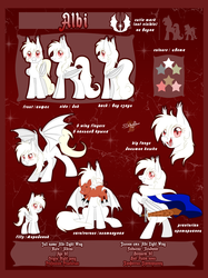 Size: 800x1067 | Tagged: safe, artist:unisoleil, oc, oc:albi light wing, albino, bat wings, female, mare, nightpony, reference sheet, sword, weapon, white mane