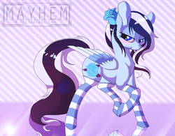 Size: 4073x3185 | Tagged: safe, artist:sweet-mayhem, oc, oc only, pegasus, pony, blushing, clothes, female, lidded eyes, mare, socks, solo, stockings, striped socks, thigh highs