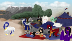 Size: 3840x2160 | Tagged: safe, artist:silviawing, oc, oc:albi light wing, oc:kika, oc:takhisis, alicorn, changeling, pony, unicorn, albino, albino changeling, alicorn oc, armor, camping, changeling oc, chest, desert, gold, green changeling, group, high res, nightpony, weapon