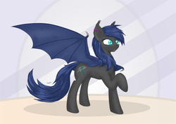 Size: 9936x7020 | Tagged: safe, artist:silviawing, oc, oc:silvia rhea wing, bat pony, pony, absurd resolution, bat wings, blue hair, ear piercing, earring, fangs, female, jewelry, mare, nightpony, piercing, simple background