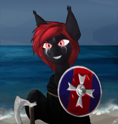 Size: 946x1000 | Tagged: safe, artist:silviawing, oc, axe, body art, makeup, nightpony, red and black oc, red eyes, shield, viking, weapon
