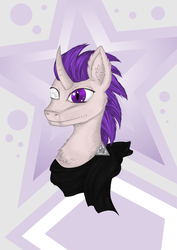 Size: 4962x7016 | Tagged: safe, artist:silviawing, oc, oc only, oc:alras laitr ear kann solar (leks), changeling, absurd resolution, blind eye, bust, ear fluff, fangs, one eyed, portrait, purple eyes, purple hair, simple background, smiling