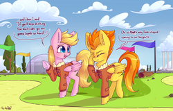 Size: 4492x2880 | Tagged: safe, artist:dsp2003, spitfire, oc, oc:lucky doo, pegasus, pony, g4, blushing, bomber jacket, bush, clothes, cloud, comic, commission, duo, facehoof, female, femboy, girly, hangar, jacket, male, mare, pun, signature, single panel, spitcky, stallion, tree