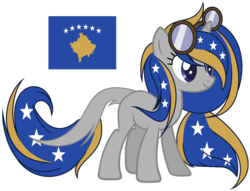 Size: 1024x781 | Tagged: dead source, safe, artist:cosmicwitchadopts, pony, unicorn, female, flag ponies, goggles, kosovan flag, kosovo, leonine tail, mare, nation ponies, ponified, simple background, solo, transparent background