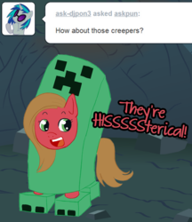 Size: 813x940 | Tagged: safe, artist:color--spectrum, oc, oc:pun, earth pony, pony, ask pun, ask, clothes, costume, creeper, female, mare, minecraft, solo