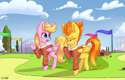 Size: 4492x2880 | Tagged: safe, alternate version, artist:dsp2003, spitfire, oc, oc:lucky doo, pegasus, pony, g4, blushing, bomber jacket, bush, clothes, cloud, commission, duo, facehoof, female, femboy, girly, hangar, jacket, male, mare, signature, spitcky, stallion, textless, tree