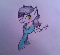 Size: 2130x1932 | Tagged: safe, artist:jsunlight, oc, oc only, oc:white night, pony, blushing, clothes, looking at you, scarf, sketch, solo, traditional art