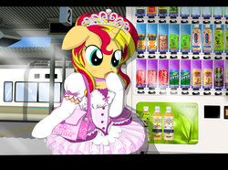 Size: 3500x2600 | Tagged: safe, artist:avchonline, sunset shimmer, pony, unicorn, g4, ballerina, bipedal, can, canterlot royal ballet academy, clothes, coca-cola, cute, dress, female, floppy ears, high res, japanese, juice, lemonade, mare, minute maid, product placement, puffy sleeves, shimmerbetes, shimmerina, solo, sprite, the coca-cola company, train, train station, tutu, vending machine, yen