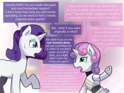 Size: 1000x750 | Tagged: safe, artist:vavacung, rarity, sweetie belle, pony, robot, robot pony, unicorn, g4, cute, destabilize, female, heartwarming, sweetie bot