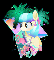 Size: 900x995 | Tagged: safe, artist:ii-art, coco pommel, pony, g4, black background, compact cassette, female, flower, palm tree, retrowave, simple background, solo, synthwave, tree, vaporwave, watermark