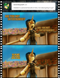 Size: 787x1014 | Tagged: safe, artist:jamescorck, oc, oc:movie slate, pony, unicorn, armor, armor skirt, audience, bipedal, clothes, comic, dexterous hooves, dialogue, female, gladiator, gladiatrix, mare, parody, skirt, story in the source, sword, tumblr comic, weapon