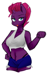 Size: 1300x2000 | Tagged: safe, artist:jovalic, tempest shadow, unicorn, anthro, black underwear, breasts, broken horn, clothes, daisy dukes, female, hand on hip, mare, panties, shorts, simple background, solo, tanktop, thong, underwear