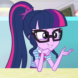 Size: 586x587 | Tagged: safe, screencap, sci-twi, twilight sparkle, equestria girls, g4, my little pony equestria girls: better together, pinkie pie: snack psychic, bowtie, cropped, female, glasses, grin, ponytail, smiling, solo, table