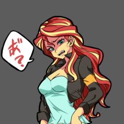 Size: 1000x1000 | Tagged: safe, artist:raika0306, sunset shimmer, equestria girls, g4, angry, black background, breasts, cross-popping veins, female, gray background, looking at you, simple background, solo