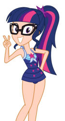 Size: 3111x5768 | Tagged: safe, artist:keronianniroro, color edit, edit, editor:michaelsety, sci-twi, twilight sparkle, human, equestria girls, equestria girls series, forgotten friendship, adorasexy, adorkable, clothes, cute, dork, female, glasses, grin, human coloration, humanized, light skin, light skin edit, looking at you, one-piece swimsuit, peace sign, sci-twi swimsuit, sexy, simple background, skin color edit, smiling, solo, swimsuit, transparent background, twiabetes, vector