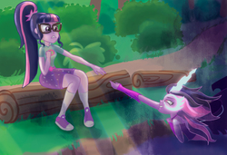 Size: 1578x1081 | Tagged: safe, artist:drawingann, sci-twi, twilight sparkle, equestria girls, g4, my little pony equestria girls: legend of everfree, camp everfree outfits, clothes, crepuscular rays, duality, duo, it's a trap, log, midnight sparkle, pond, self paradox, shorts, sitting, the midnight in me