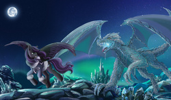 Size: 4249x2480 | Tagged: safe, artist:lifejoyart, oc, oc only, oc:algez, oc:sirius kimondo, dragon, pegasus, pony, chase, clothes, crystal, crystal mountains, dragon oc, night, pony as dragon, snow, spread wings, wings