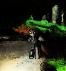 Size: 1237x1329 | Tagged: safe, artist:goldt, oc, oc only, oc:littlepip, alicorn, pony, fallout equestria, alicornified, clothes, fanfic, fanfic art, female, glowing horn, gun, hooves, horn, jumpsuit, levitation, looking at you, magic, mare, optical sight, pipbuck, race swap, rifle, sniper rifle, solo, teeth, telekinesis, vault suit, wasteland, weapon, wings