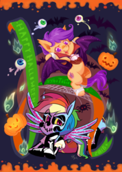 Size: 600x845 | Tagged: safe, artist:b-tobio, artist:yinyanghand, rainbow dash, scootaloo, pegasus, pony, g4, armpits, clothes, costume, halloween, holiday, scootaloo can fly, scootalove, skeleton costume