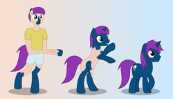Size: 11200x6400 | Tagged: safe, artist:parclytaxel, oc, oc only, oc:thunder glade, human, pony, unicorn, .svg available, absurd resolution, bipedal, clothes, crossed hooves, gradient background, human to pony, male, solo, stallion, transformation, transformation sequence, vector