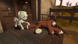 Size: 1280x720 | Tagged: safe, artist:horsesplease, double diamond, trouble shoes, horse, pony, g4, 3d, double trouble duo, drunk, drunken shoes, duo, gmod, grin, happy, male, mischief, poking, sleeping, smiling, snoring, stallion, tapping, tongue out