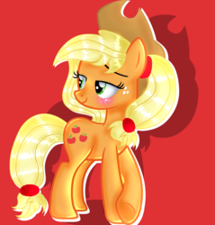 Size: 2048x2144 | Tagged: safe, artist:doraeartdreams-aspy, applejack, g4, high res, lidded eyes, older, red background, simple background