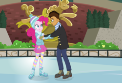 Size: 7000x4725 | Tagged: safe, artist:limedazzle, pinkie pie, oc, oc:copper plume, equestria girls, g4, absurd resolution, canon x oc, clothes, coat, commission, commissioner:imperfectxiii, copperpie, freckles, glasses, gloves, hat, holding hands, ice rink, ice skates, ice skating, leggings, neckerchief, pants, pantyhose, show accurate, skirt, winter outfit