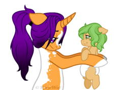Size: 972x694 | Tagged: safe, artist:kimyowolf, oc, oc only, oc:curiosa dream, pony, unicorn, female, filly, holding a pony, mare, mother and daughter, simple background, transparent background