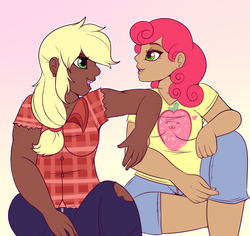 Size: 770x727 | Tagged: safe, artist:lulubell, applejack, strawberry sunrise, human, g4, bedroom eyes, breasts, chubby, clothes, commission, dark skin, ear piercing, earring, female, flannel, freckles, gradient background, humanized, jeans, jewelry, lesbian, open mouth, pants, piercing, ship:applerise, shipping, shirt, shorts, t-shirt, torn clothes