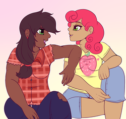 Size: 770x727 | Tagged: safe, alternate version, artist:lulubell, applejack, strawberry sunrise, human, g4, alternate hair color, bedroom eyes, black hair, breasts, chubby, clothes, commission, dark skin, ear piercing, earring, female, flannel, freckles, gradient background, humanized, jeans, jewelry, lesbian, natural hair color, open mouth, pants, piercing, ship:applerise, shipping, shirt, shorts, t-shirt, torn clothes