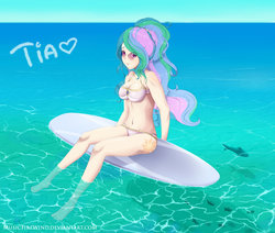 Size: 1600x1354 | Tagged: safe, artist:wavecipher, princess celestia, fish, human, g4, bikini, breasts, cleavage, clothes, female, glasses, humanized, looking at you, solo, sunglasses, surfboard, swimsuit, water