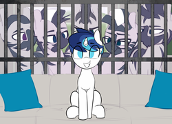 Size: 1835x1319 | Tagged: safe, artist:shinodage, edit, edited edit, shining armor, pony, unicorn, zebra, g4, couch, edit of an edit of an edit, implied gay, jail cell, male, pillow, piper perri surrounded, sitting, smiling