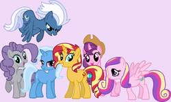 Size: 917x548 | Tagged: safe, artist:harmonyguard, maud pie, night glider, princess cadance, sugar belle, sunset shimmer, trixie, pony, unicorn, g4, alternate mane six, female, show accurate