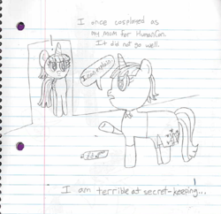 Size: 666x646 | Tagged: safe, artist:nightshadowmlp, twilight sparkle, oc, oc:rainlight shine, alicorn, pony, g4, clothes, cosplay, costume, grayscale, lined paper, magical lesbian spawn, mane dye, monochrome, offspring, older, older twilight, parent:rainbow dash, parent:twilight sparkle, parents:twidash, text, traditional art, twilight sparkle (alicorn)