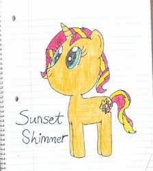 Size: 690x769 | Tagged: safe, artist:nightshadowmlp, sunset shimmer, pony, unicorn, g4, female, lined paper, mare, notebook, simple background, solo, text, traditional art, white background