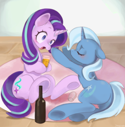 Size: 2189x2213 | Tagged: safe, artist:jus+ice, starlight glimmer, trixie, pony, unicorn, g4, alcohol, beer, blushing, drunk, drunklight glimmer, duo, female, high res, lesbian, mare, ship:startrix, shipping
