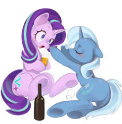 Size: 2189x2213 | Tagged: safe, alternate version, artist:jus+ice, starlight glimmer, trixie, pony, unicorn, g4, alcohol, beer, blushing, drunk, drunklight glimmer, female, high res, lesbian, mare, ship:startrix, shipping, simple background