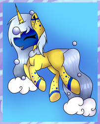 Size: 456x563 | Tagged: safe, artist:chazmazda, oc, oc only, pony, unicorn, art trade, border, bubble, cloud, floating, full body, horn, markings, shade, shading, simple background, solo, water, waterfall