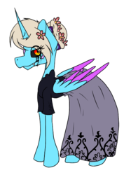 Size: 475x604 | Tagged: safe, artist:chazmazda, oc, oc only, oc:charlie gallaxy-starr, alicorn, griffon, pony, alicorn oc, clothes, colored wings, concave belly, dress, fangs, flat colors, flower, full body, gradient wings, horn, markings, outline, ponysona, simple background, solo, transparent background, victorian, wings