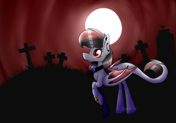 Size: 1100x768 | Tagged: safe, artist:chazmazda, oc, oc only, oc:black heart, bat pony, pony, vampire, commission, flat colors, full body, grave, gravestone, graveyard, jewelry, long tail, moon, necklace, outline, shade, shading, solo, wings