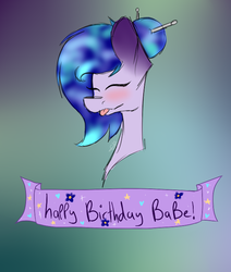 Size: 610x718 | Tagged: safe, artist:chazmazda, oc, oc only, pegasus, pony, :p, birthday, blushing, bust, ethereal mane, flower, galaxy mane, gradient background, gradient ears, happy birthday, heart, ponysona, portrait, silly, simple background, solo, space, tongue out
