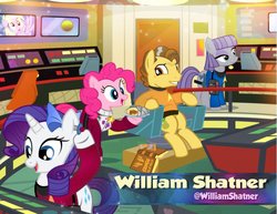 Size: 1200x926 | Tagged: safe, artist:pixelkitties, derpy hooves, grand pear, maud pie, pinkie pie, rarity, earth pony, pegasus, pony, unicorn, g4, burrito, female, food, hilarious in hindsight, james t kirk, male, mare, parody, pixelkitties' brilliant autograph media artwork, red shirt, sitting, spock, stallion, star trek, uss enterprise, voice actor joke, william shatner, young grand pear, younger