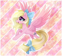 Size: 1400x1275 | Tagged: dead source, safe, artist:vird-gi, oc, oc only, oc:bay breeze, pegasus, pony, blushing, bow, cute, female, flying, hair bow, happy, looking up, mare, ocbetes, open mouth, smiling, solo, tail bow