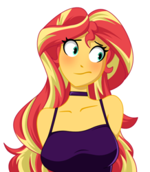 Size: 589x674 | Tagged: safe, artist:reiduran, color edit, edit, sunset shimmer, equestria girls, g4, blushing, breasts, bust, busty sunset shimmer, choker, colored, cute, female, long hair, looking away, pretty, shimmerbetes, simple background, solo, white background