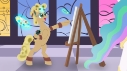 Size: 1920x1080 | Tagged: safe, artist:bently96, princess celestia, oc, oc:zilvart, g4, bipedal, checkered floor, easel, glowing, glowing horn, horn, magic, open mouth, painting, telekinesis