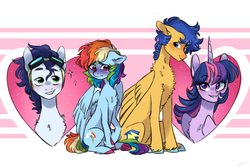 Size: 1025x689 | Tagged: safe, artist:pandemiamichi, flash sentry, rainbow dash, soarin', twilight sparkle, alicorn, pegasus, pony, g4, blushing, chest fluff, female, flashdash, heart, male, mare, ship:flashlight, ship:soarindash, shipping, shy, stallion, straight, twilight sparkle (alicorn)