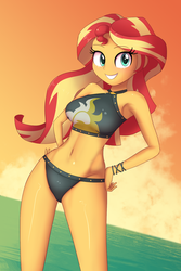 Size: 1280x1920 | Tagged: safe, alternate version, artist:zelc-face, sunset shimmer, zelc-face's swimsuits, equestria girls, equestria girls series, forgotten friendship, g4, adorasexy, armpits, beach babe, beautiful, belly button, bikini, bikini babe, bikini bottom, black swimsuit, breasts, busty sunset shimmer, clothes, cute, cutie mark swimsuit, female, jeweled swimsuit, legs, looking at you, midriff, sexy, smiling, solo, summer sunset, swimsuit, thighs, wristband
