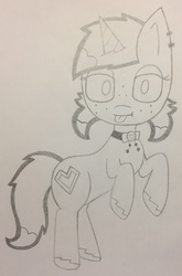 Size: 1882x2847 | Tagged: safe, artist:lightning135, oc, oc only, oc:midnight emerald, pony, unicorn, bowtie, freckles, pigtails, solo, tongue out, traditional art